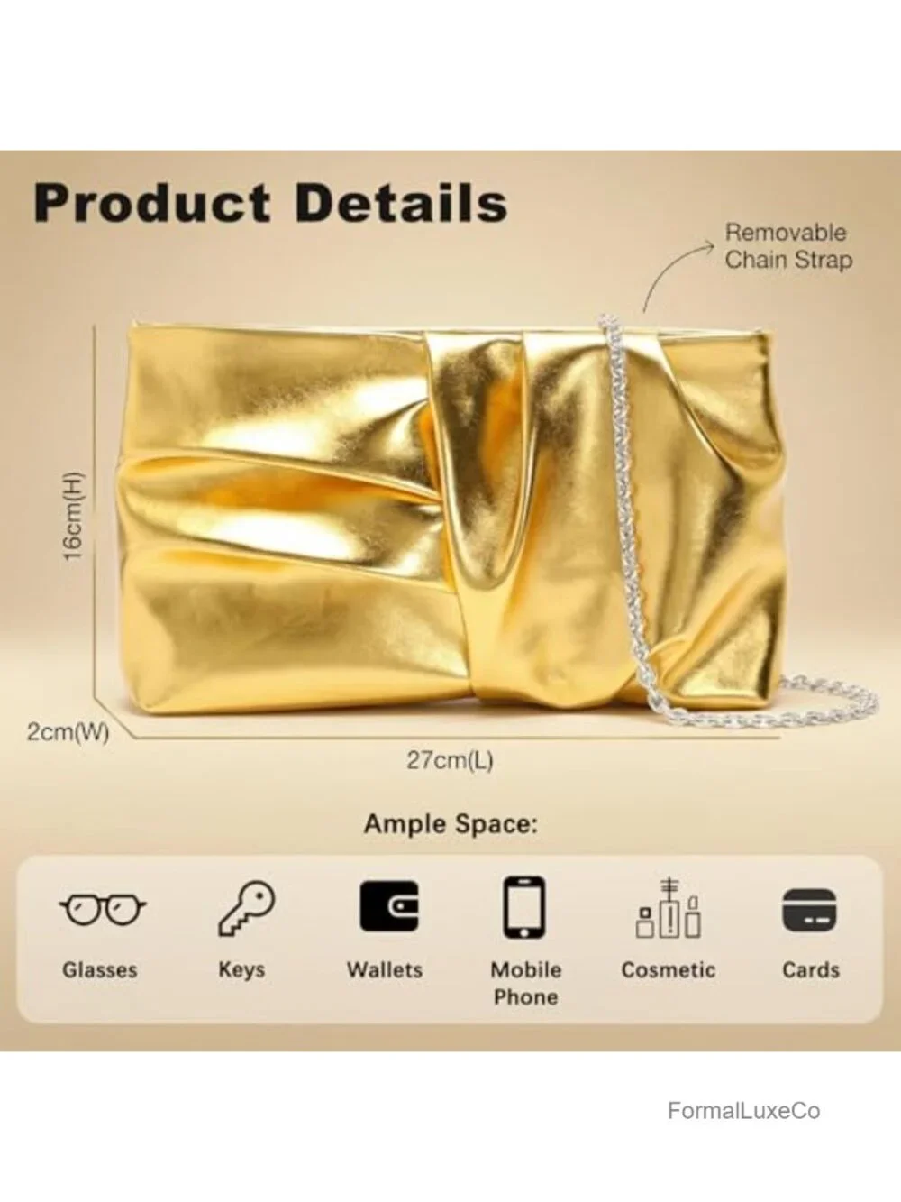 Luxury PU Leather Clutch Purse Pleated Evening Bag Chain Strap Wedding Party